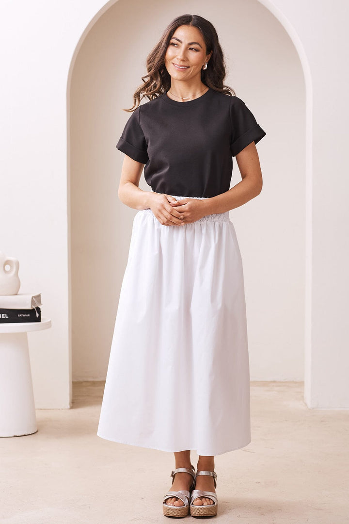 Brooke Smocked Waist Midi A-Line Skirt White Skirt