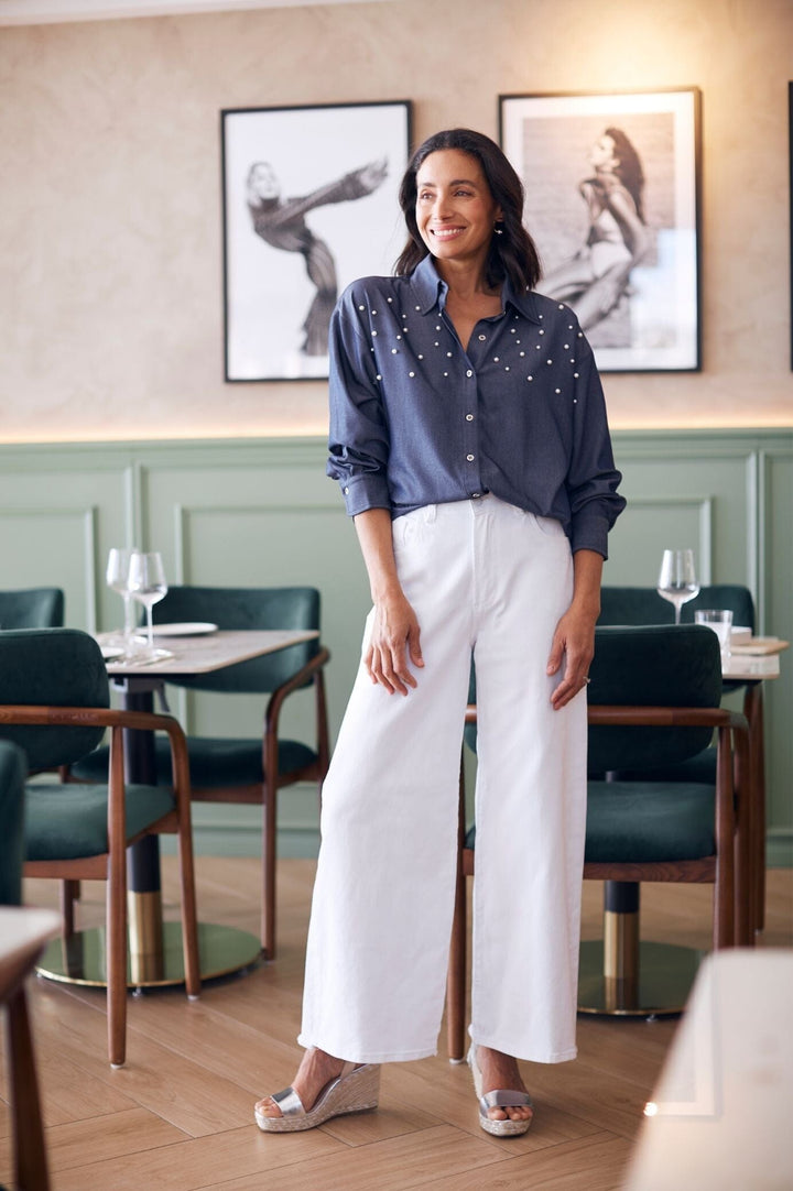 Palmer Dark Blue Collared Shirt with Pearls Tops
