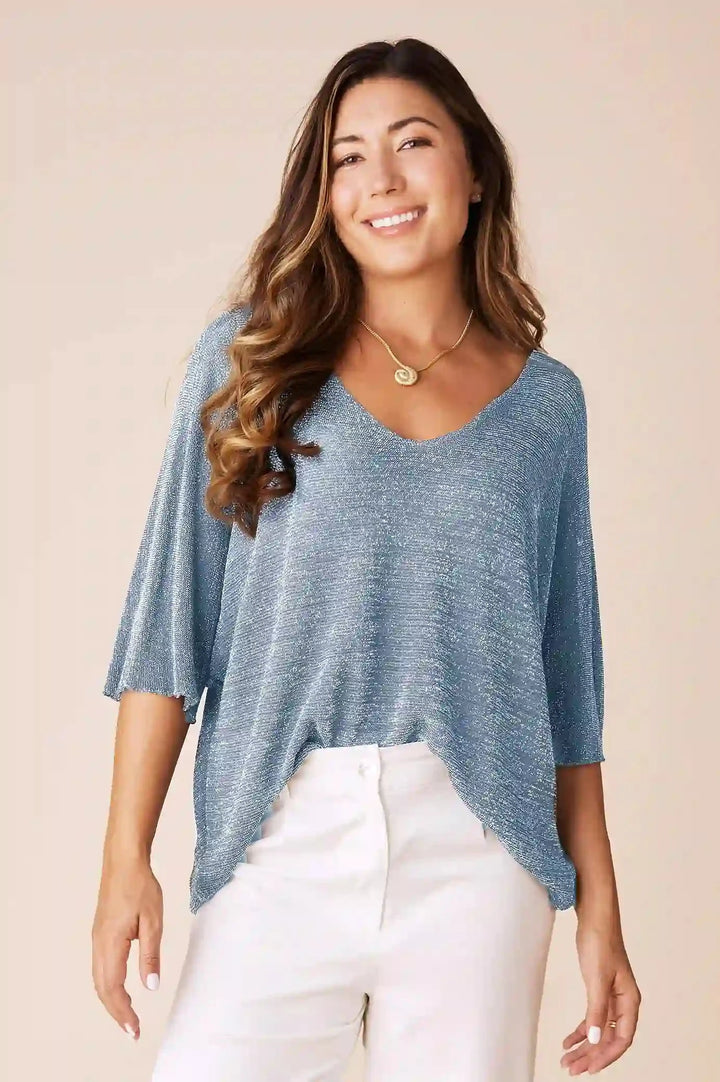 Victoria Knitted Shimmer Short Sleeve Top Light Blue Tops
