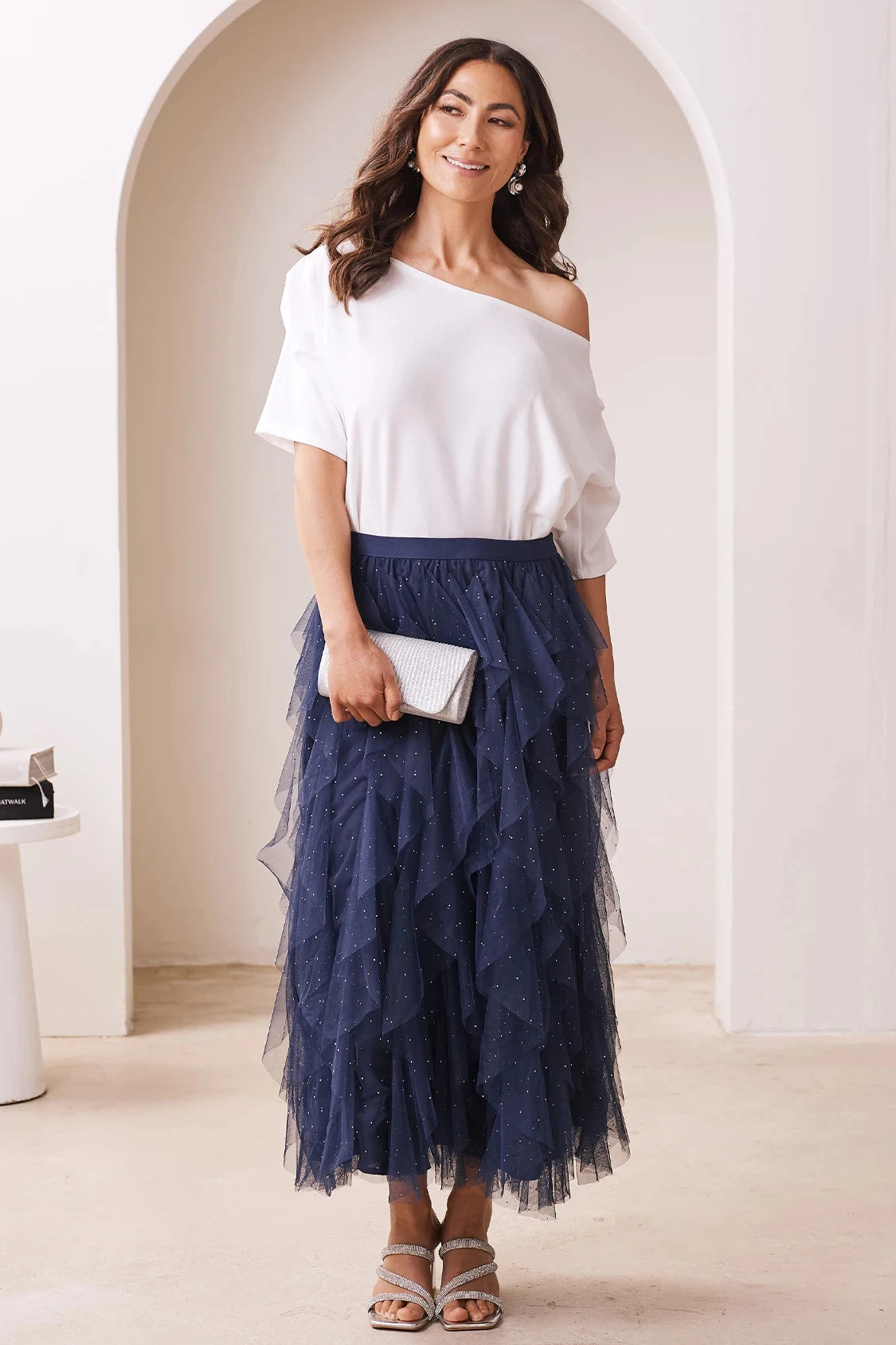 Isabella Asymmetrical Ruffle Tulle Maxi Skirt Navy Skirt