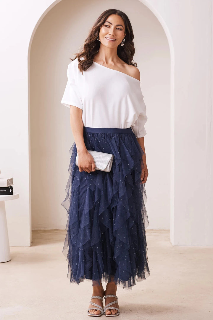 Isabella Asymmetrical Ruffle Tulle Maxi Skirt Navy Skirt