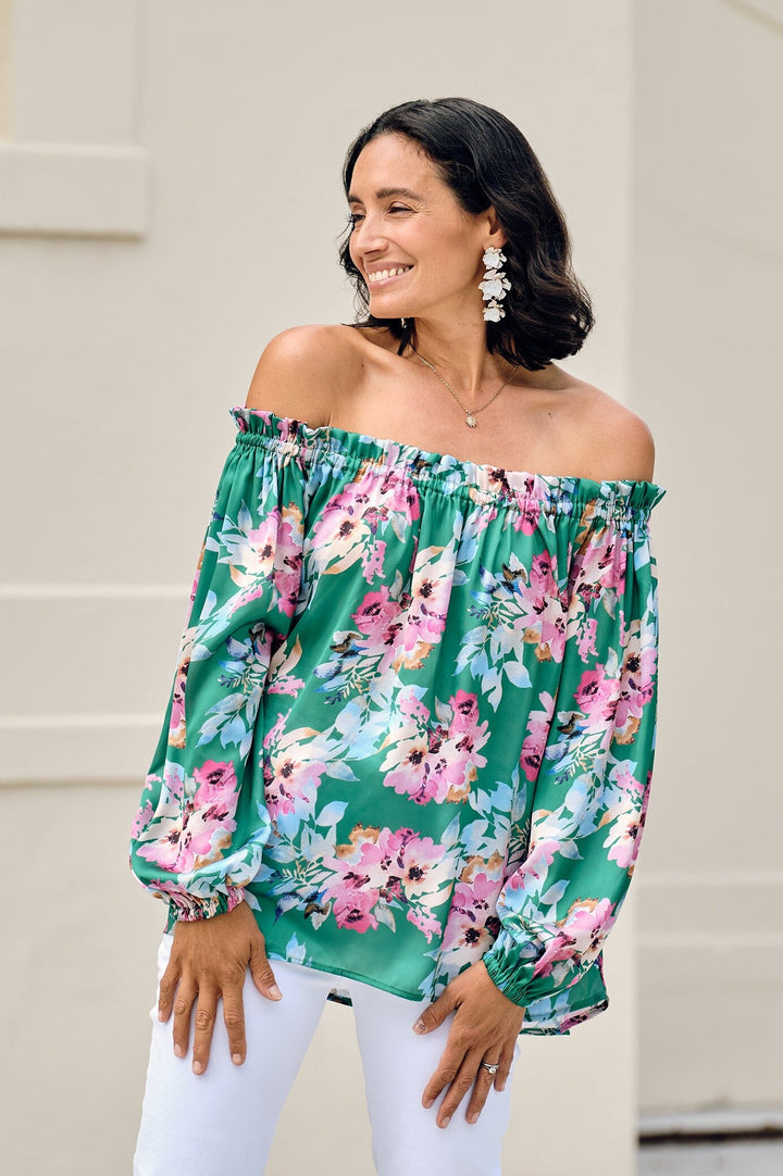 Xenia Off Shoulder Top Bella Print Emerald Tops