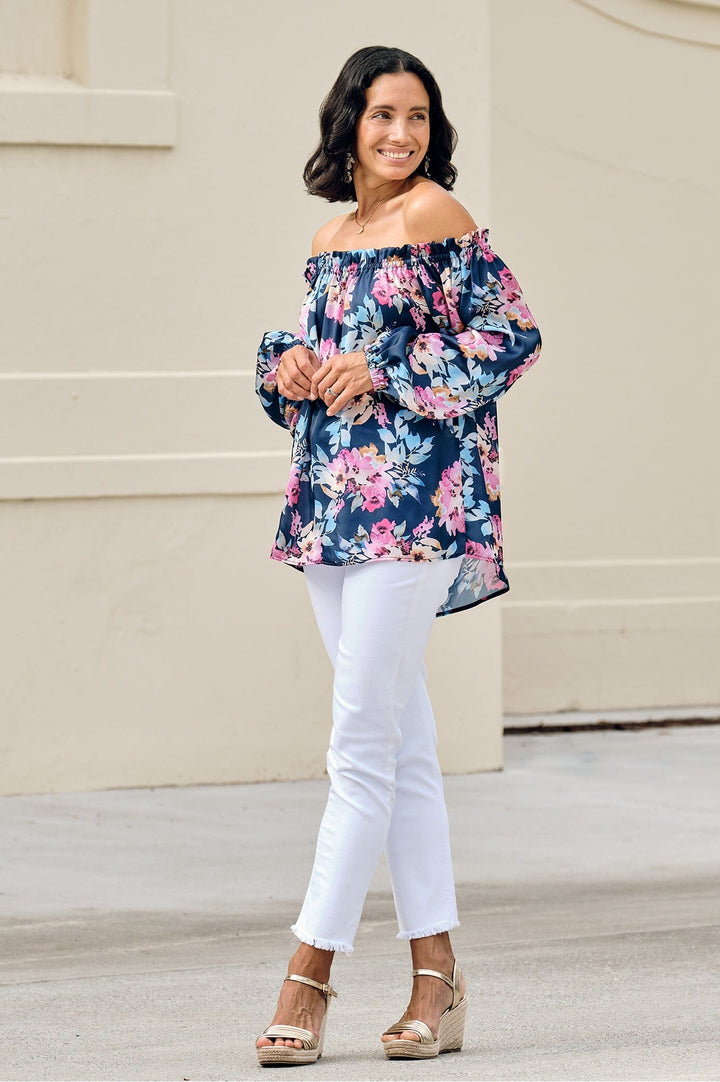 Xenia Off Shoulder Top Bella Print Navy Tops