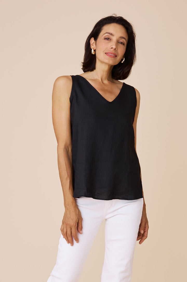 Zoe Linen Sleeveless Top Black Tops