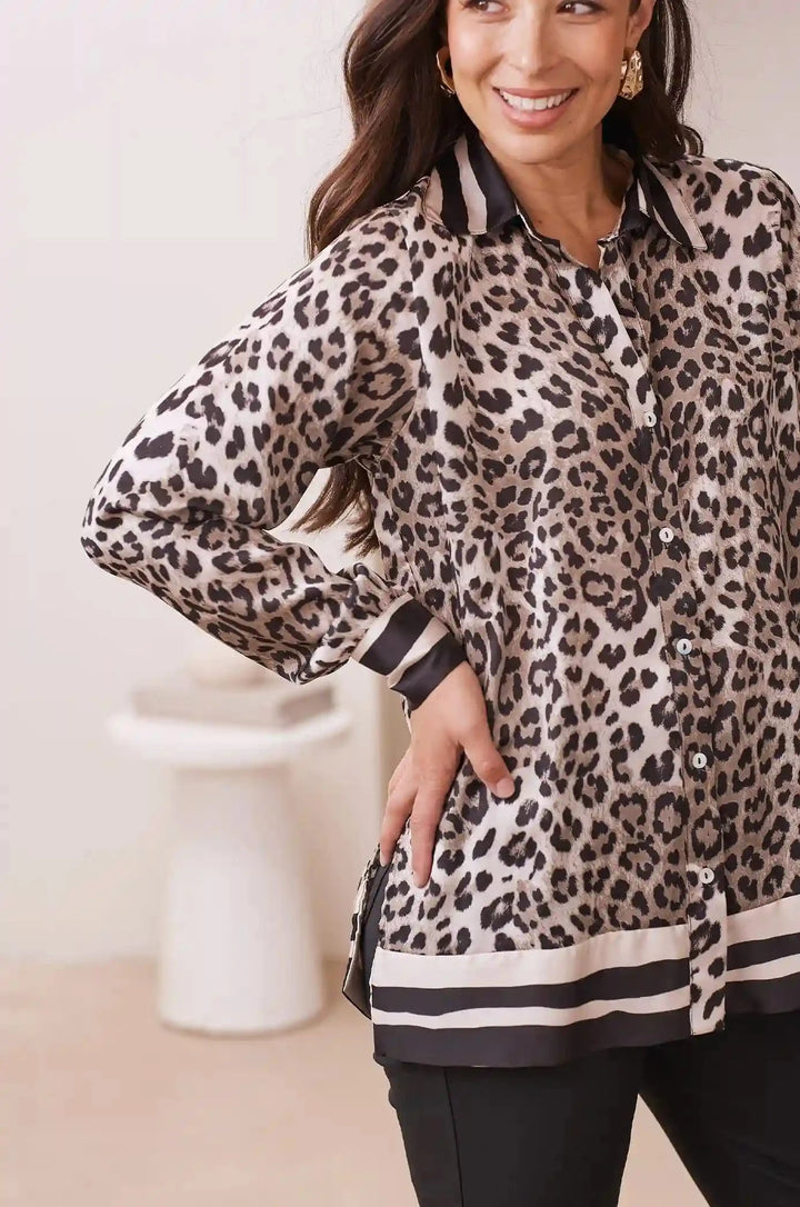 Mya Animal Print Collared Top Tops