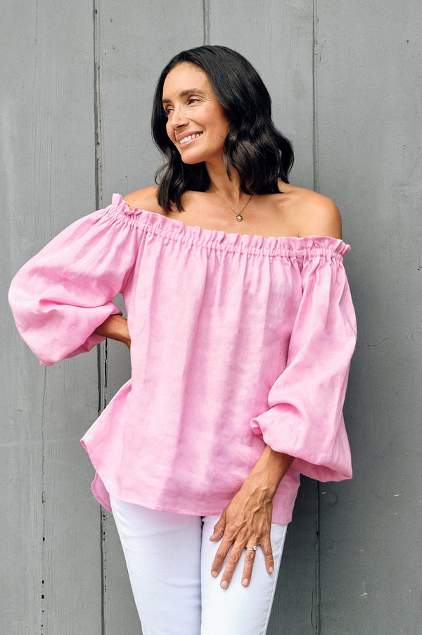 Xenia Off Shoulder Long Sleeve Top Pink Linen Tops