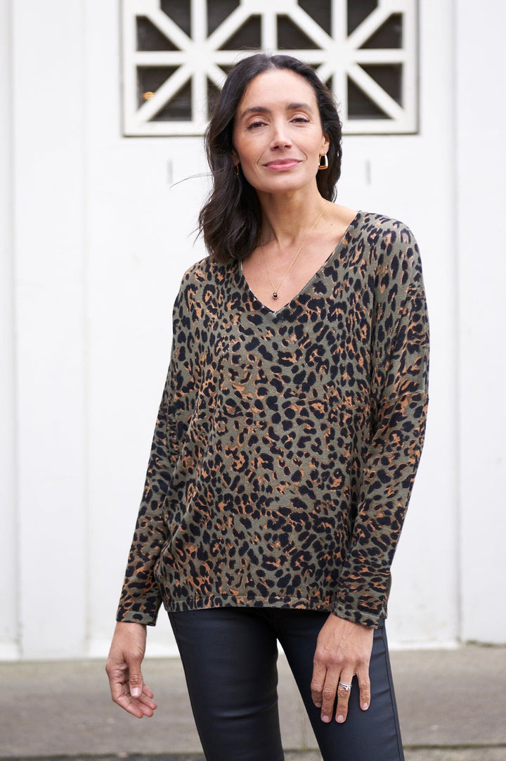 Rana Animal Print Jumper Olive Knitwear