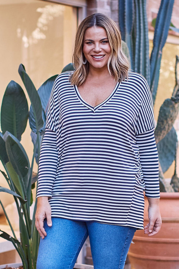 Erica Essential Long Sleeve Top Striped Navy- Pre Order Tops