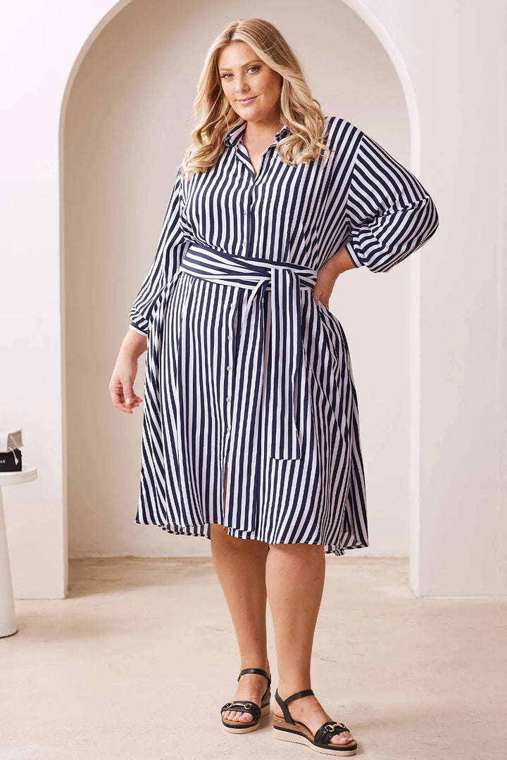 Francesca Long Sleeve Striped Midi Dress Navy and White Dress