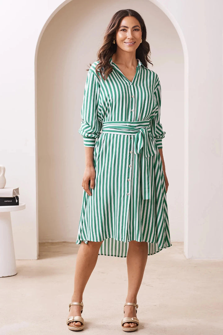 Francesca Long Sleeve Striped Midi Dress Emerald and White Dress