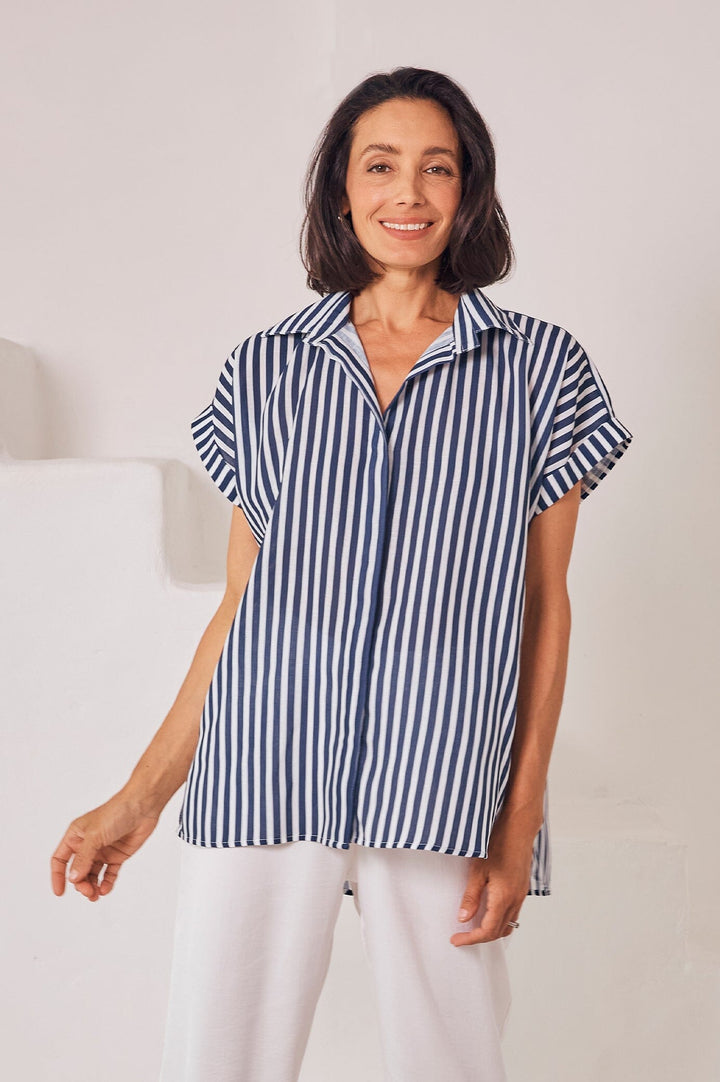 Clem Cotton Striped Top Navy and White Tops