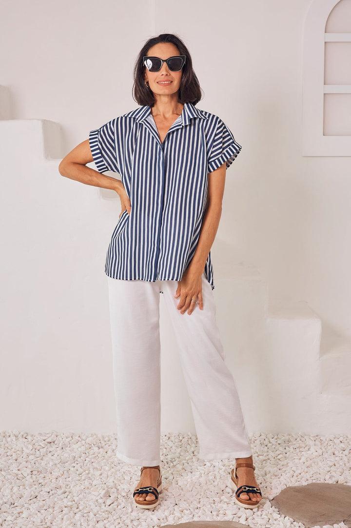 Clem Cotton Striped Top Navy and White Tops