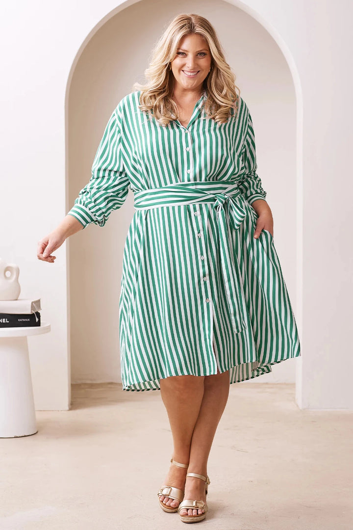 Francesca Long Sleeve Striped Midi Dress Emerald and White Dress