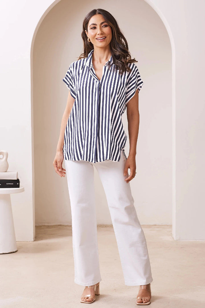 Francesca Short Sleeve Striped Collared Top Navy and White Tops