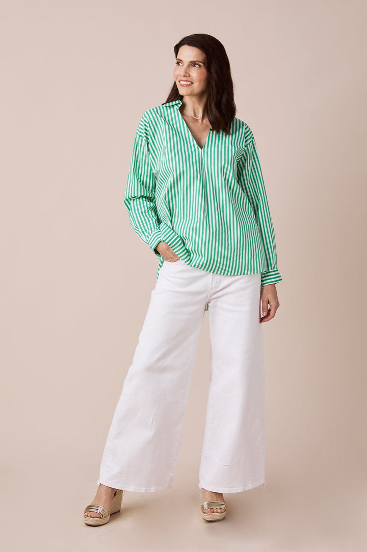 Lynette Collared Long Sleeve Shirt Striped Green Tops