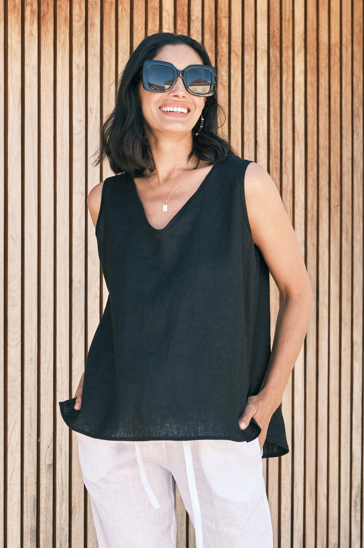 Zoe Linen Sleeveless Top Black Tops