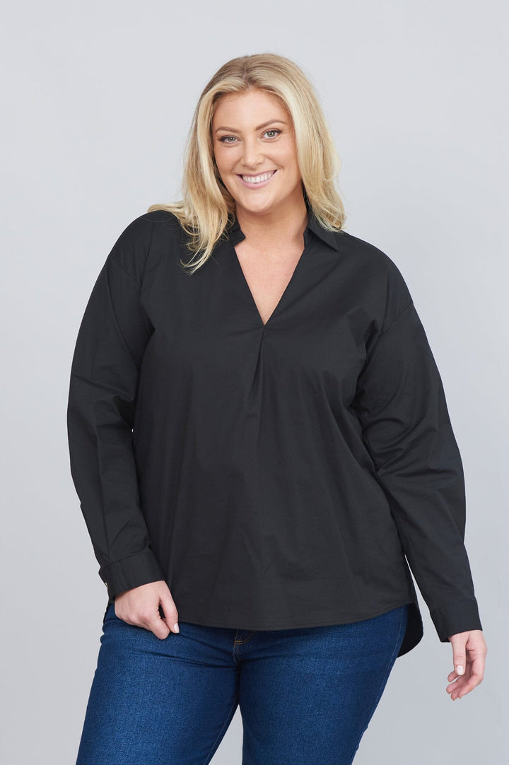 Lynette Collared Long Sleeve Shirt Black Tops