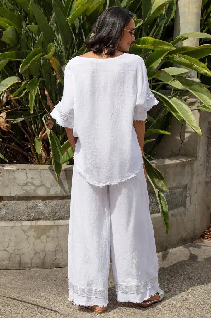 Antonia Linen Short Sleeve Sequinned Top in White Tops