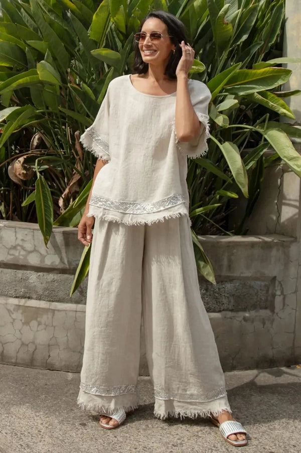 Antonia Linen Short Sleeve Sequinned Top in Oatmeal Tops