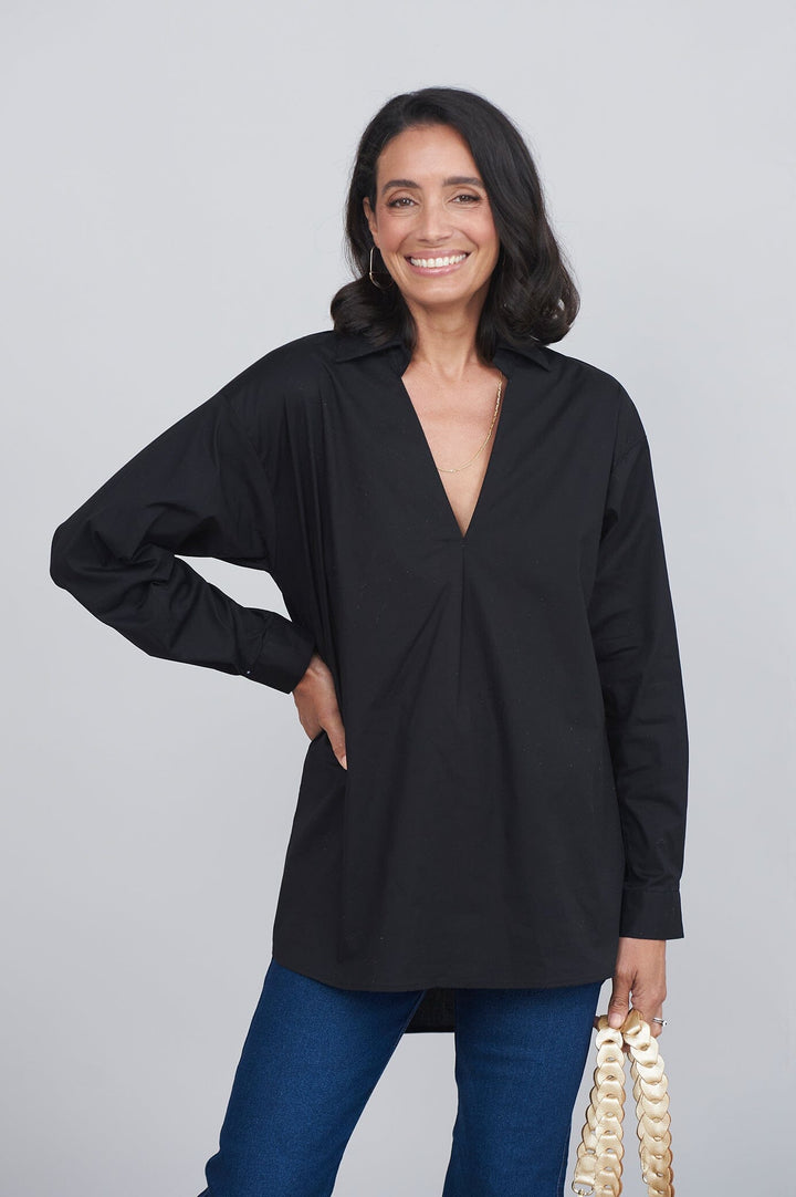 Lynette Collared Long Sleeve Shirt Black Tops