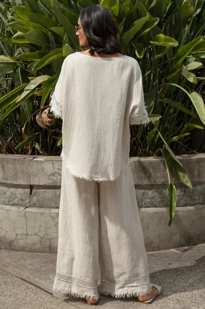 Antonia Linen Short Sleeve Sequinned Top in Oatmeal Tops