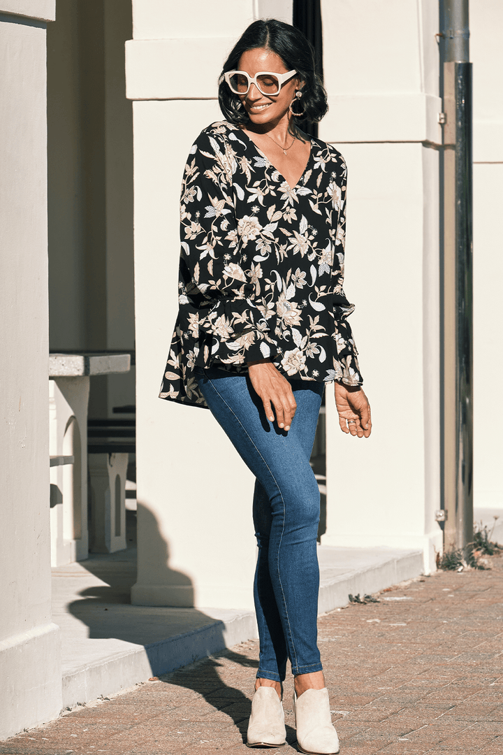 Mina Floral Long Sleeve Top Black Tops