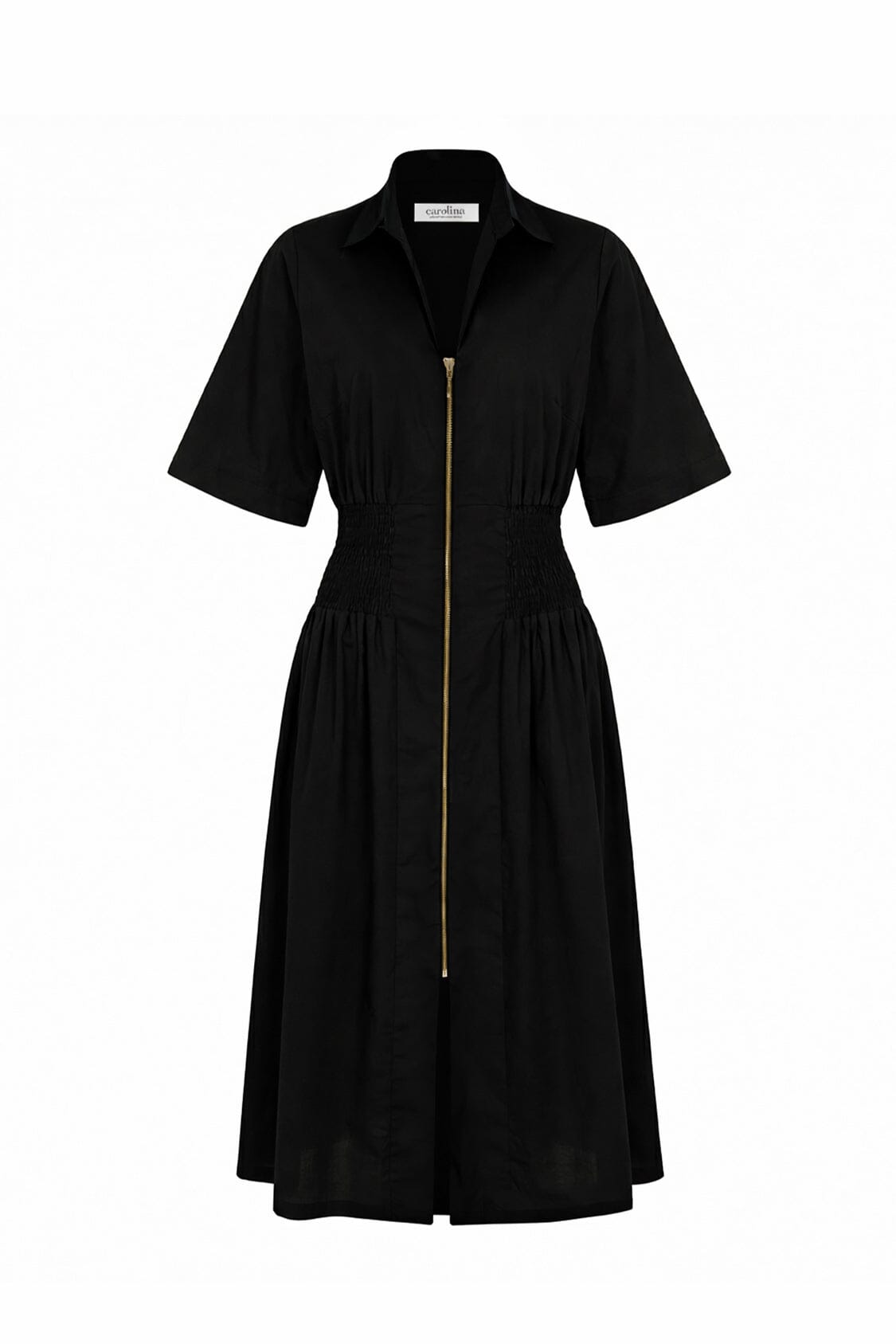 Laura Short Sleeve Smocked Waist Zip Front Midi Dress Black Dress