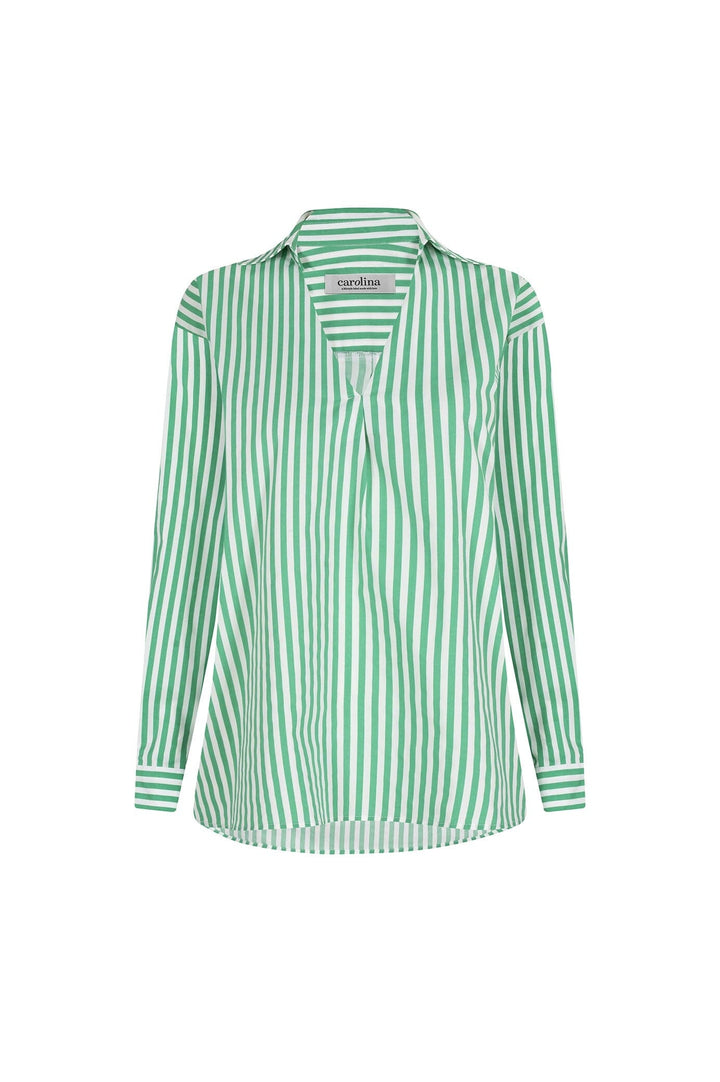 Lynette Collared Long Sleeve Shirt Striped Green Tops