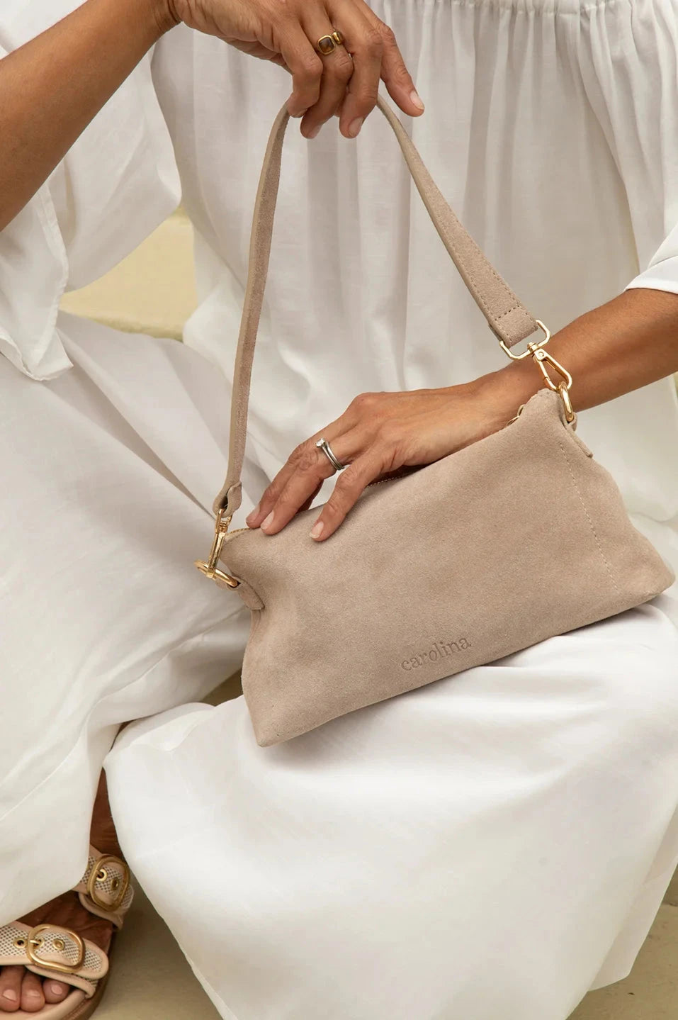 Marisol Suede Leather Shoulder Bag Nude Leather