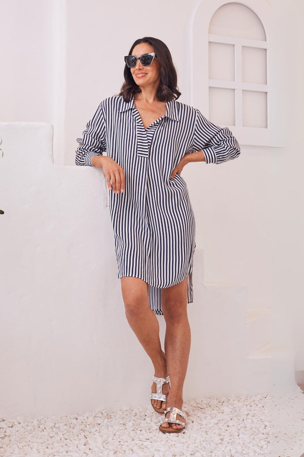 Monaco Striped Dress Shirt Dark Navy and White Dress-Shirts