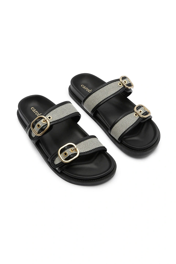 Sabrina Double Strap Slide with Gold Buckle in Black Shoes