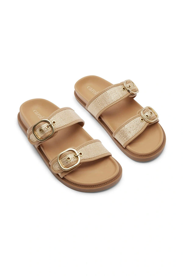 Sabrina Double Strap Slide with Gold Buckle in Tan Shoes