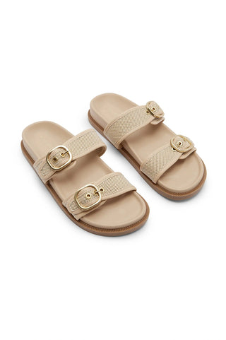 Sabrina Double Strap Slide with Gold Buckle in Nude Shoes