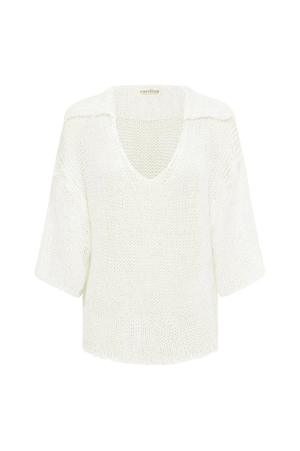 Sicily Knitted V-Neck Short Sleeve Top with Collar White Tops