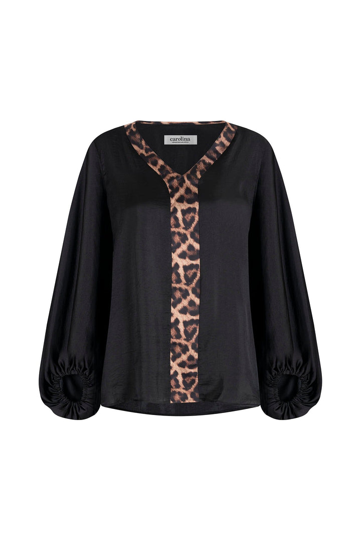 Sovana V-Neck Top Black with Animal Trim Tops | Long Sleeve