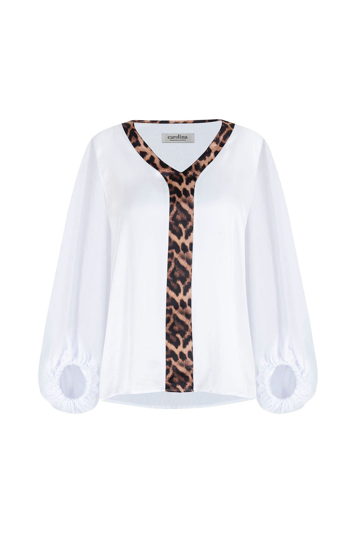 Sovana V-Neck Top White with Animal Trim Tops | Long Sleeve