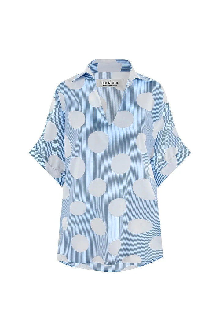 Tammy Short Sleeve Collared Top in Blue Striped and Polka Dots Tops