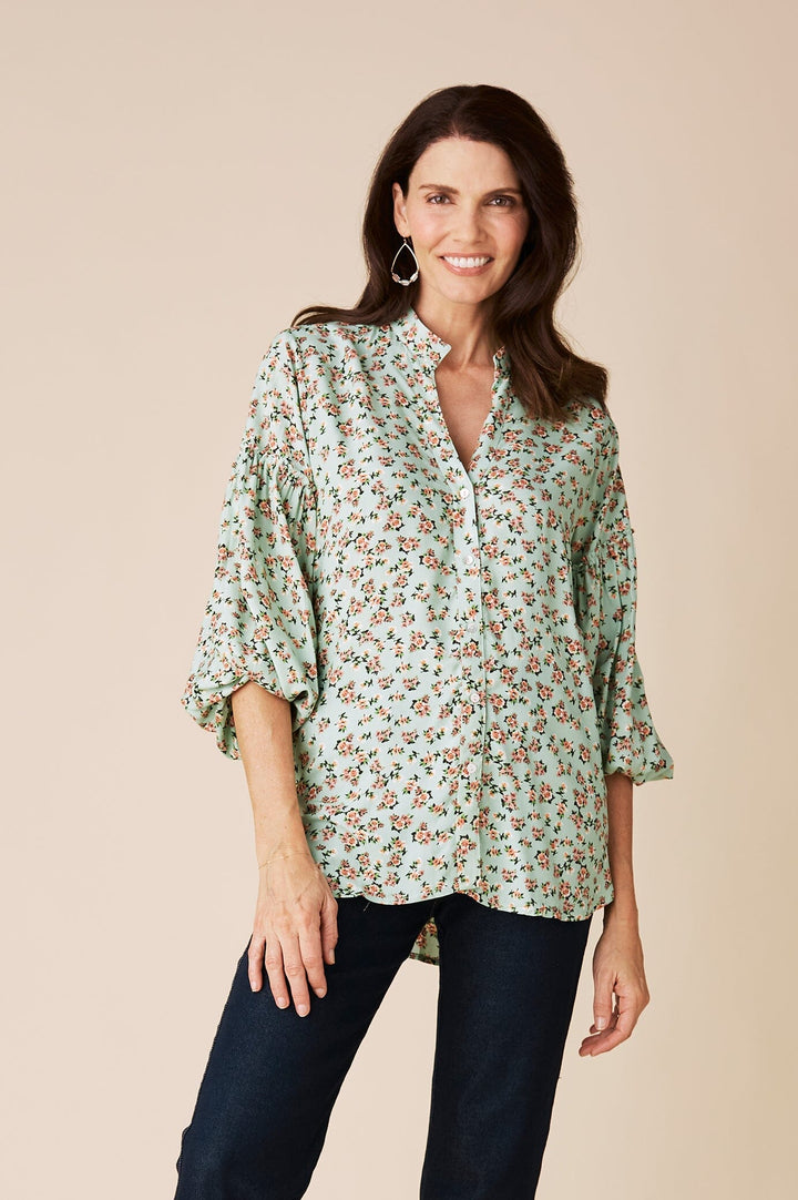 Valletta Floral Long Sleeve Top Olive Tops