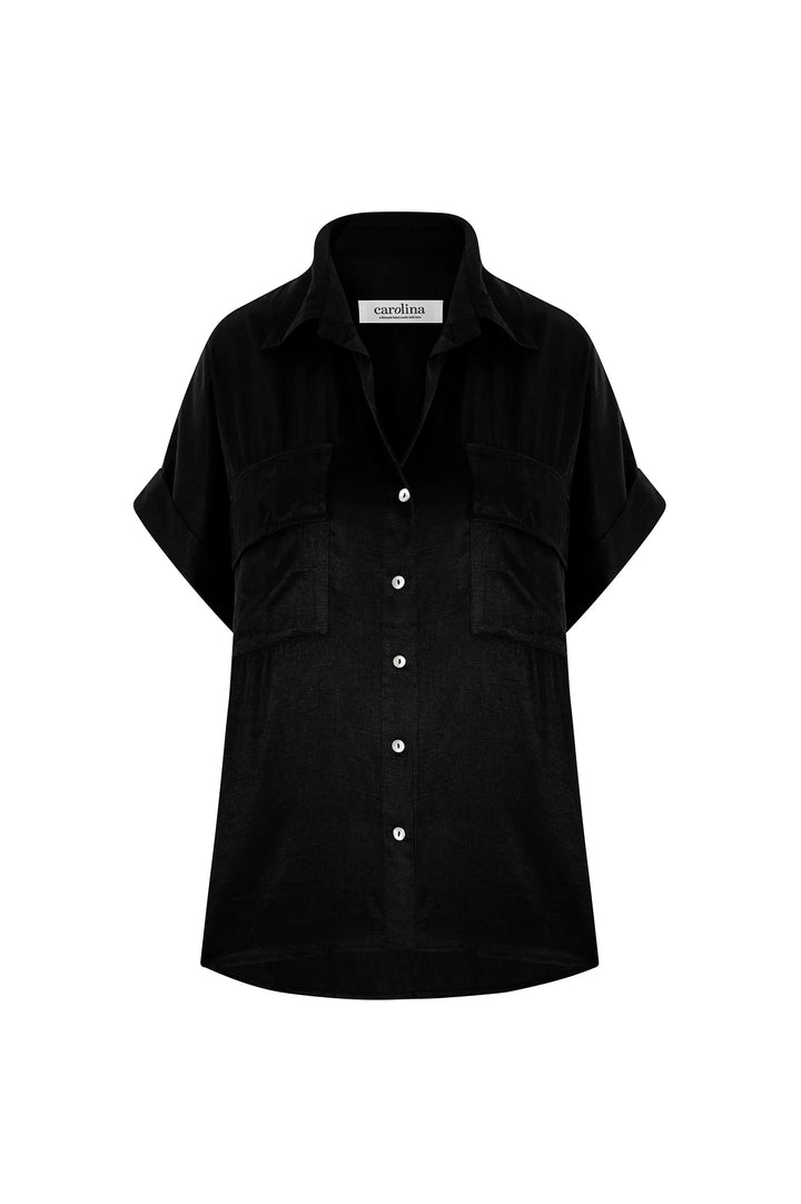 Vittoria Short Sleeve Collared V-Neck Shirt Black Tops