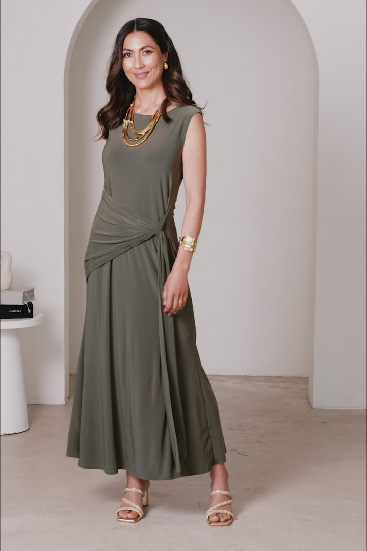 Angelica Sleeveless Midi Dress Olive product video by Carolina