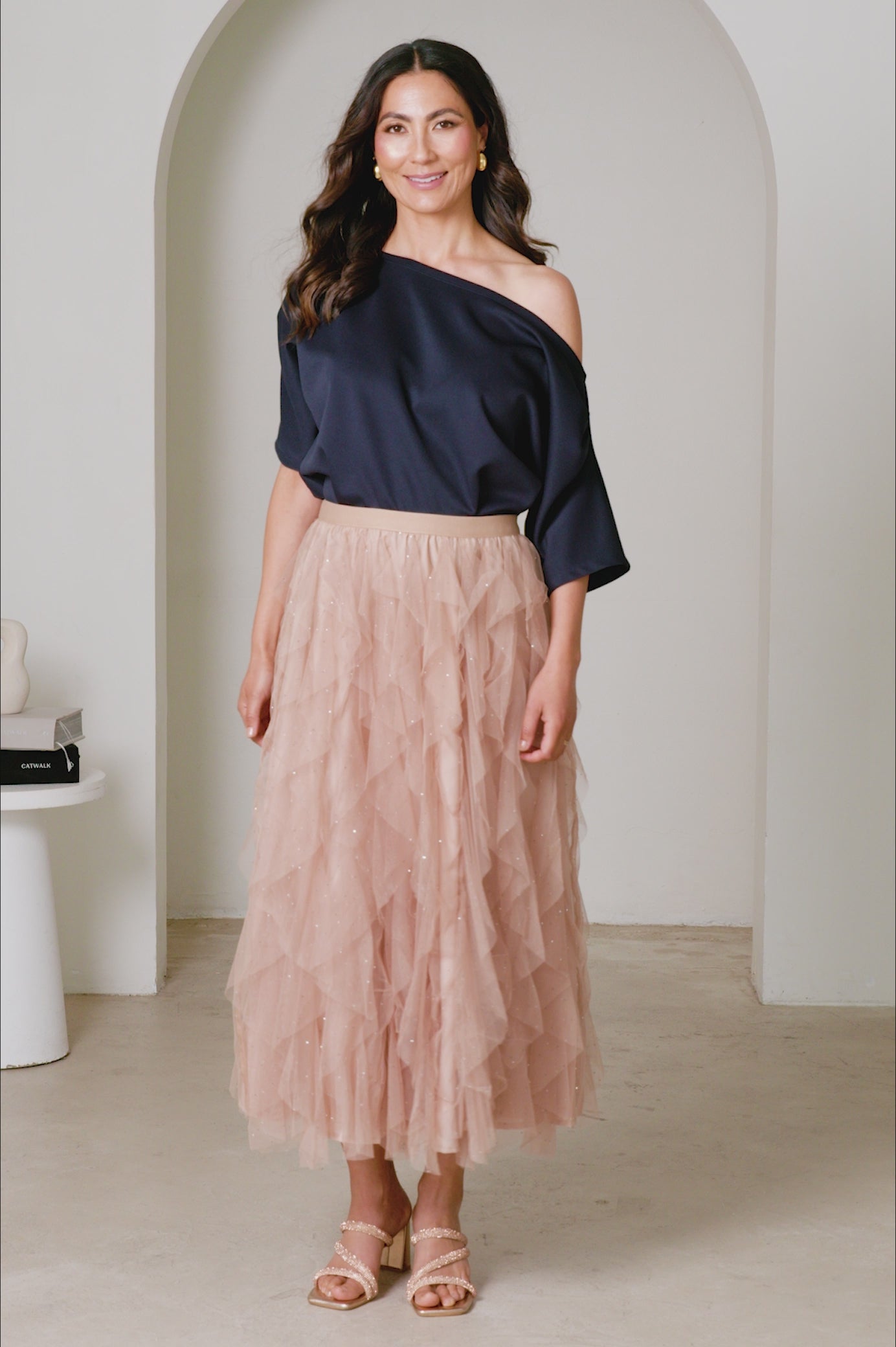 Isabella Asymmetrical Ruffle Tulle Maxi Skirt Champagne product video by Carolina
