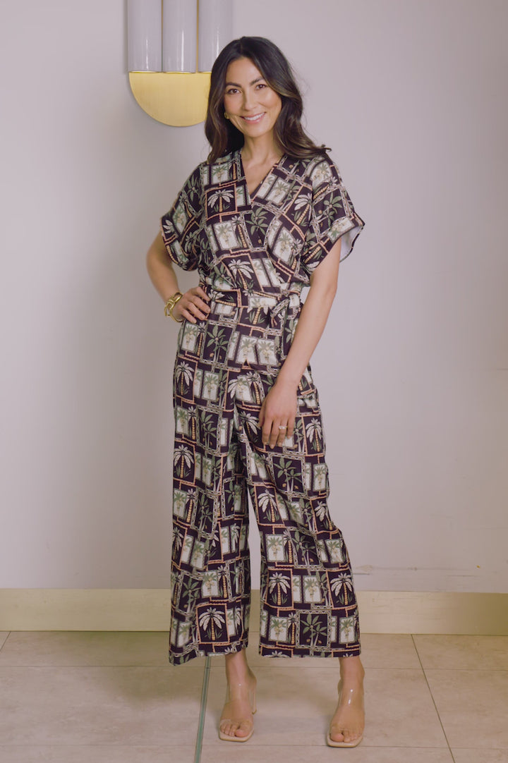 Jude Short Sleeve Jumpsuit Maui Palm Print FINAL product video at Carolina
