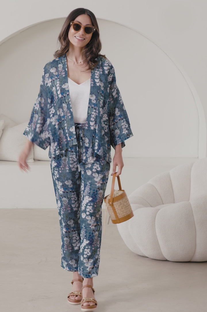 Lissy Floral Print Tapered Pants in Slate Blue product video by Carolina