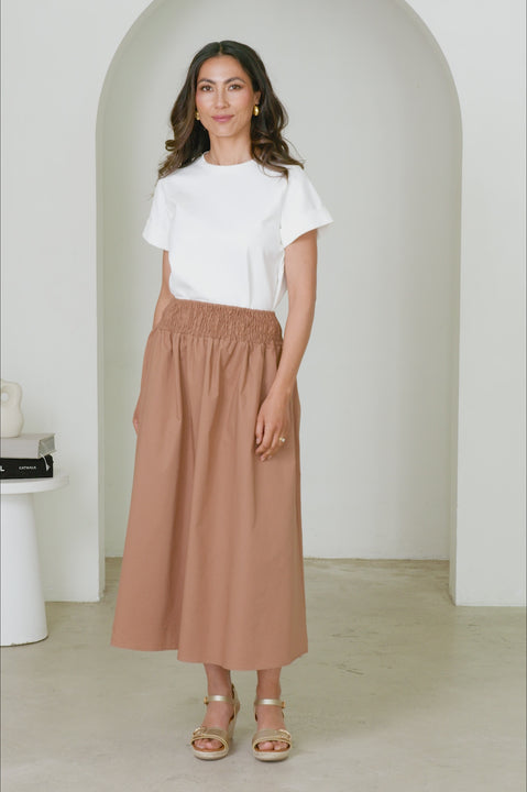 Brooke Smocked Waist Midi A-Line Skirt Camel product video by Carolina