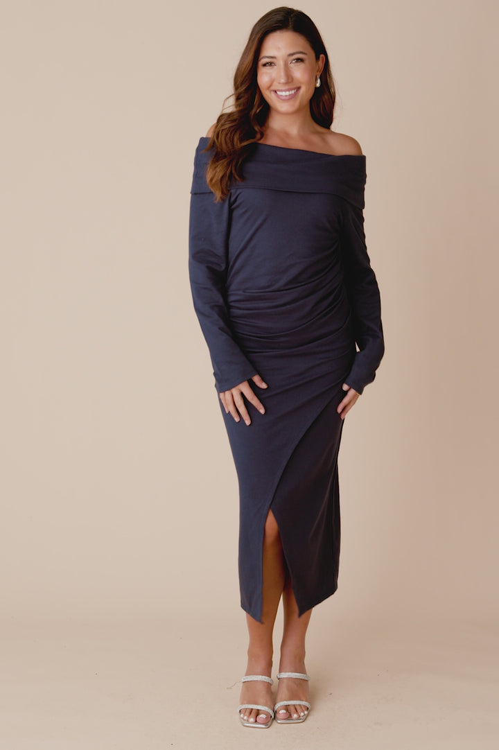 Megan Long Sleeve Midi Dress Navy product video from Carolina
