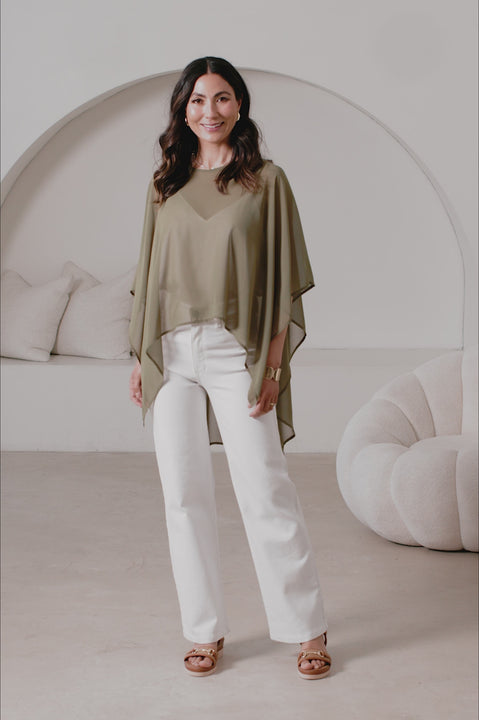 Concetta Elegant Chiffon Poncho Olive product video by Carolina