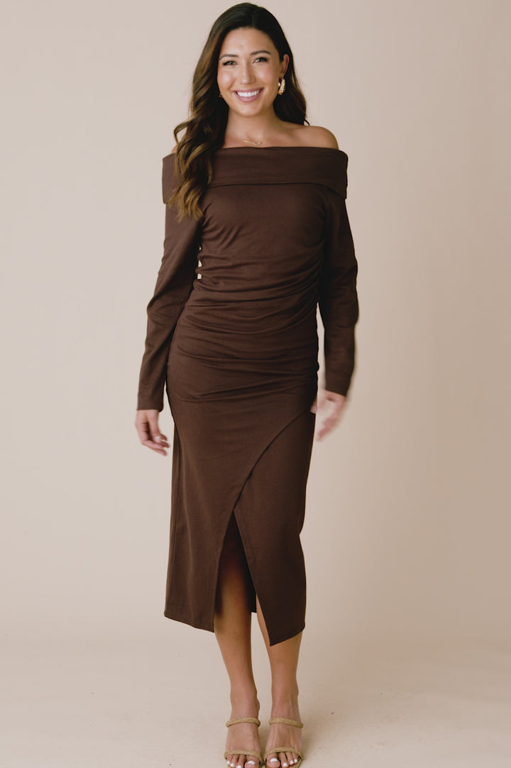 Megan Long Sleeve Midi Dress Brown product video from Carolina