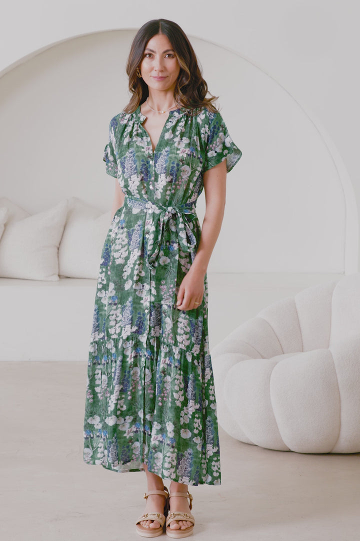 Lissy Floral Print Short Sleeve Tiered Maxi Dress Olive product video by Carolina