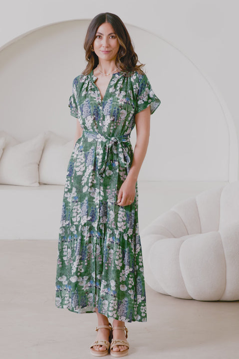 Lissy Floral Print Short Sleeve Tiered Maxi Dress Olive product video by Carolina
