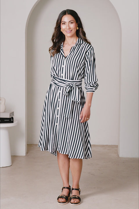 Francesca Long Sleeve Striped Midi Dress Navy  White product video by Carolina